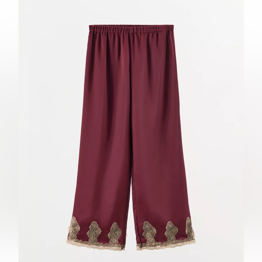 Zara Burgundy Satin Pajama Pants w/Lace Trim